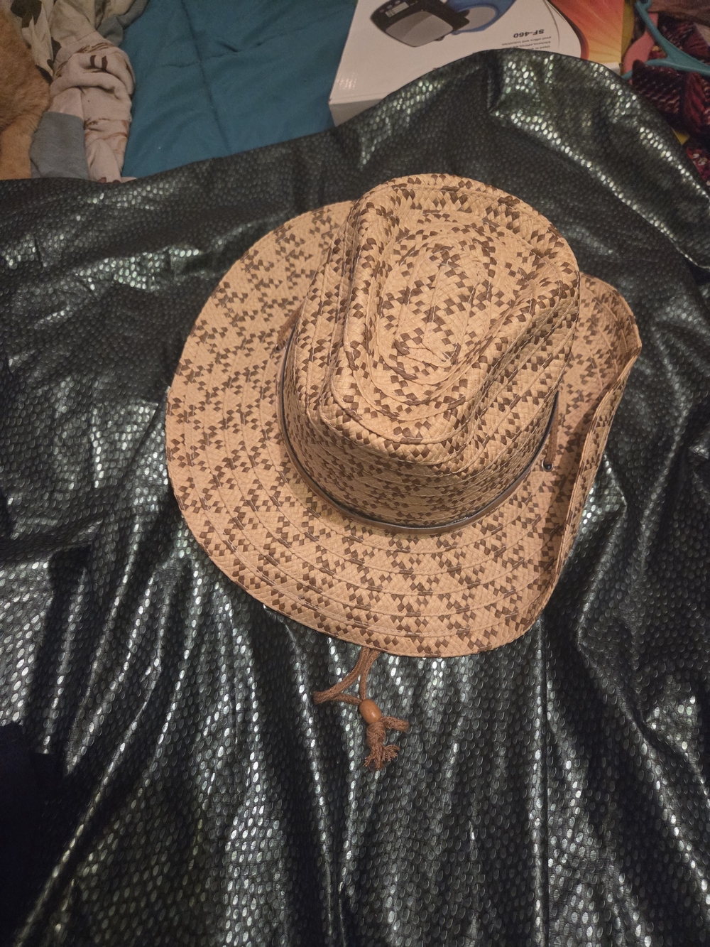 Tan Patterned Straw Cowboy Hat with Chin Cord